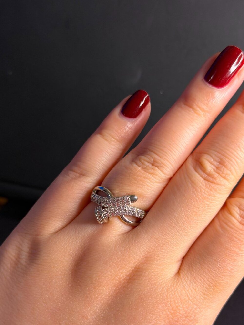 Glam Silver Knot Ring - Adjustable Crossover Pavé Crystal Statement Ring